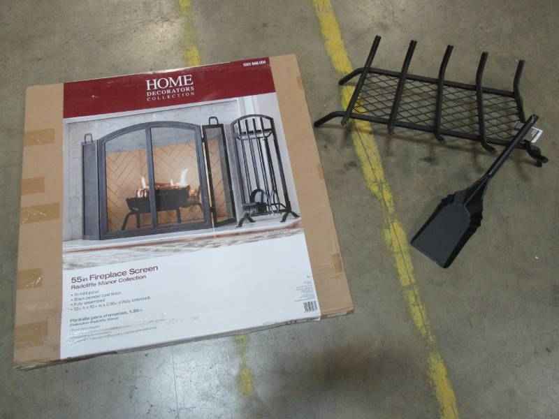 lot 133 image: Home Decorators Collection 55 in. Radcliff Manor 3-Panel Fireplace Screen and 27 GrateLog Craddle.