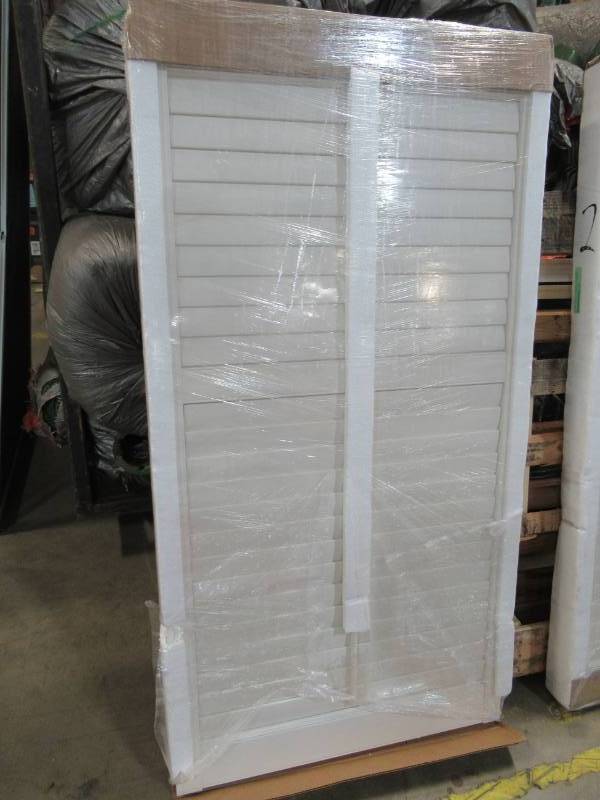 lot 113 image: Pair of Home Decorators Collection DIY Composite Wood Shutters in Off White.
