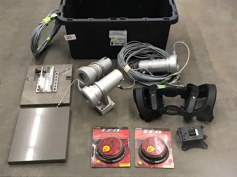 lot 23 image: Tote Of Assorted Camera System, Lights, Knee Brace, Etc