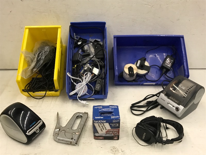 lot 28 image: (3) Totes Of Label Printers, Electronics, Headphones, Etc
