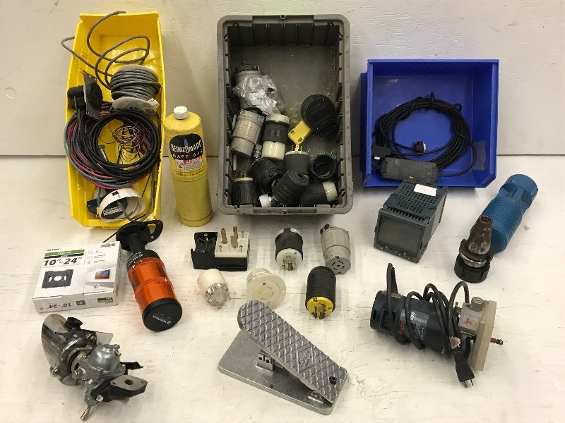 lot 29 image: (4) Boxes Of Electrical Supplies, TV Mount Set, Foot Controller, Carb, Etc