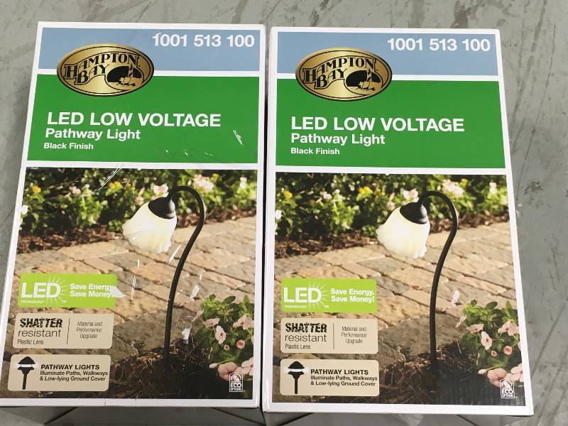 Hampton Bay Low-Voltage Black Outdoor Integrated LED Black Landscape Path Light with White Tulip Shade LOT OF 2 not used
