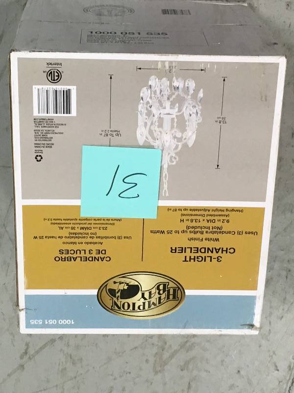 Hampton Bay 3-Light White Mini Chandelier with Crystal Drops and Crystal Bead Strands  not used