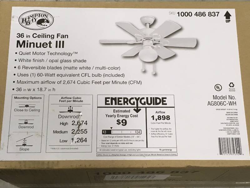 Hampton Bay Minuet III 36 in. Indoor White Ceiling Fan with Light Kit in like new condition