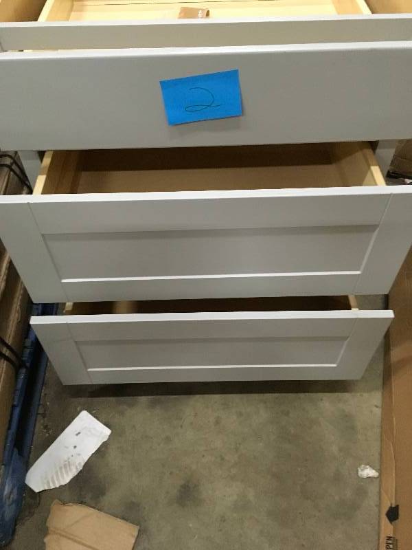 lot 2 image: Hampton Bay Shaker Assembled 30x34.5x24 in. Pots and Pans Drawer Base Kitchen Cabinet in Dove Gray DAMAGED BACK SIDE Not used