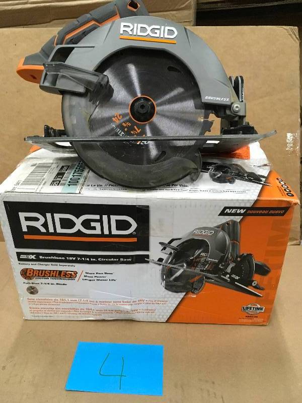lot 4 image: RIDGID 18-Volt 7-14 in. Cordless Brushless Circular Saw (Tool-Only) in working condition