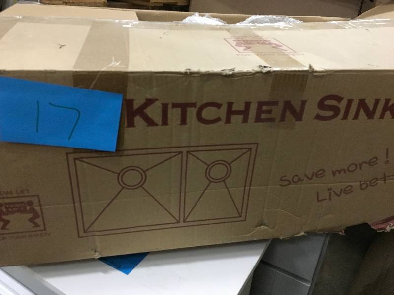 lot 17 image: KS0061 Handmade 32 x 18 Double Basin Undermount Kitchen Sink with Dish Grid and Basket Strainer Not used