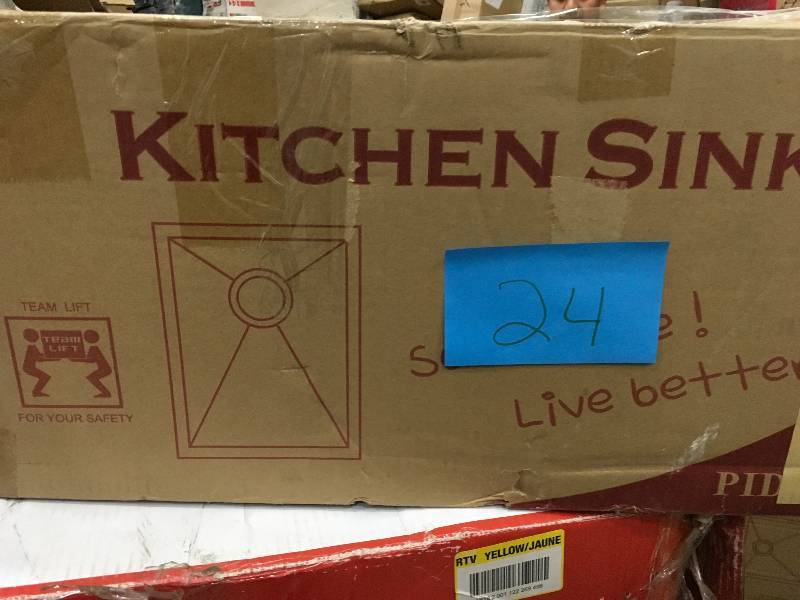 lot 24 image: AKDY KS0076 20 x 15 x 9 Handmade Under Mount Basin Stainless Steel Kitchen Sink w Grid & Drain Kit Not used