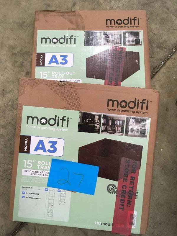 lot 27 image: Closet Rollout Tray in Mocha, Wood Drawer Closet Organizer 15 W x 6 H x 15 D LOT OF 2 Not used