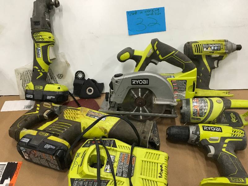 lot 32 image: Ryobi P884 18-Volt ONE Lithium-Ion Combo Kit (6-Tools) Used in good working cond.