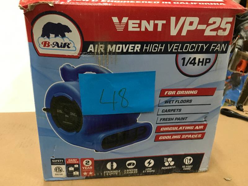 lot 48 image: B-Air VP-25 14 HP 900 CFM Air Mover for Water Damage Restoration Carpet Dryer Floor Blower Fan Home and Plumbing Use, Blue Not used