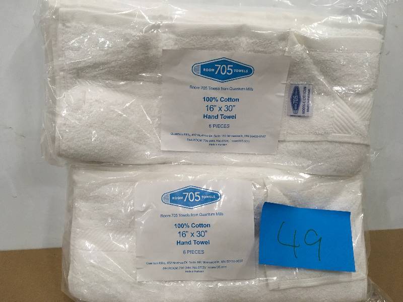 lot 49 image: ROOM 705 TOWELS Hand Towels 100% Cotton 16x30 Inches White (6 Pack) LOT OF 2 Not used