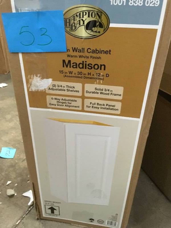lot 53 image: Hampton Bay Madison Assembled 15x30x12 in. Wall Cabinet in Warm White Not used