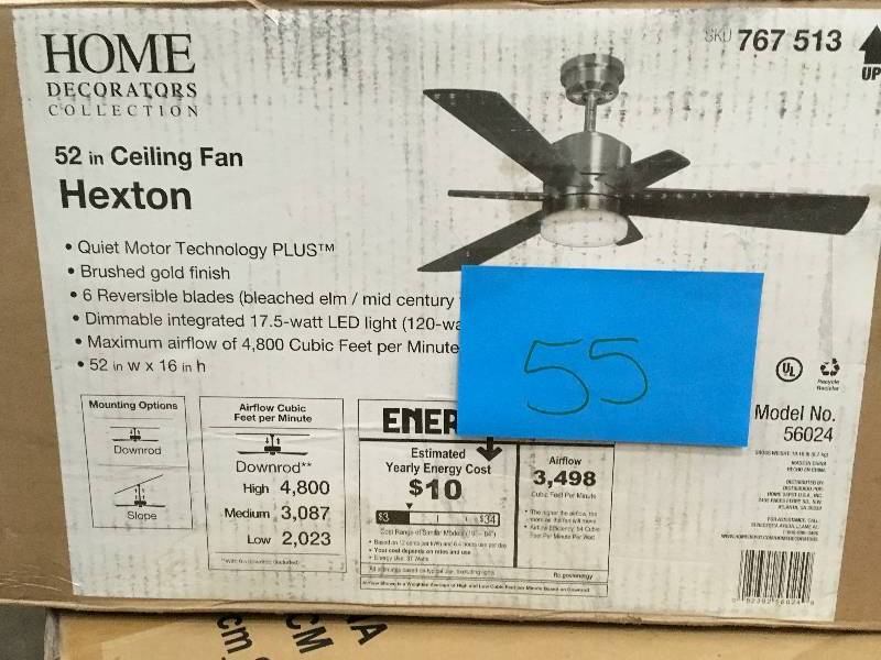 lot 55 image: Home Decorators 56024 Hexton 52 LED Indoor Brushed Gold Ceiling Fan with Light Kit & Remote Control Not used