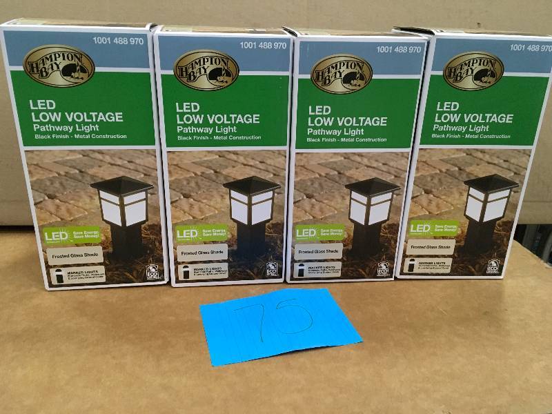 lot 75 image: LOT OF 4 Hampton Bay Low-Voltage 10-Watt Equivalent Black Outdoor Integrated LED Square Bollard Landscape Path Light with Frosted Glass Not used