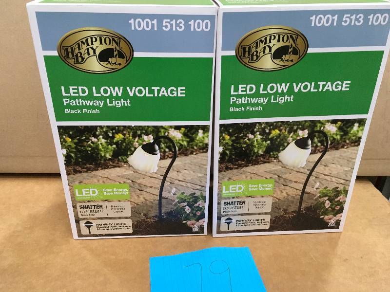 lot 79 image: Hampton Bay Low-Voltage Black Outdoor Integrated LED Black Landscape Path Light with White Tulip Shade LOT OF 2 Not used