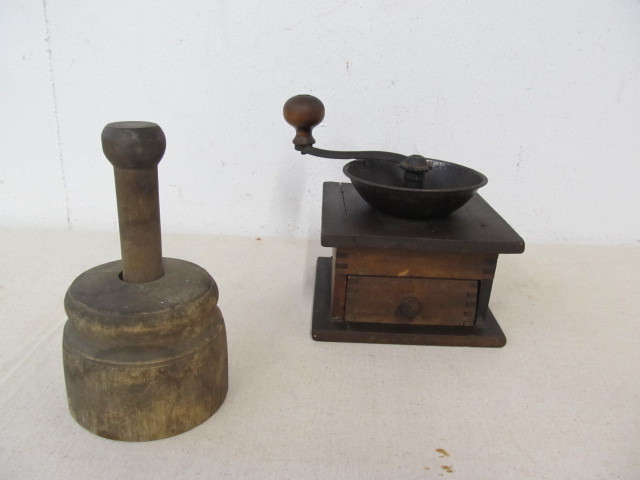 lot 141 image: Original Antique Primitive Wooden Coffee Grinder & Butter Mold