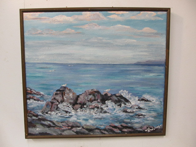 lot 35 image: Ocean Blue Oil on Burlap Painting Signed
