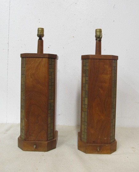 lot 75 image: Pair of Large Mid Century Walnut & Ceramic Tile Table Lamps