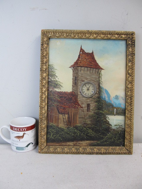 lot 174 image: Old Vintage Folk Art Clocktower Oil Painting wClock