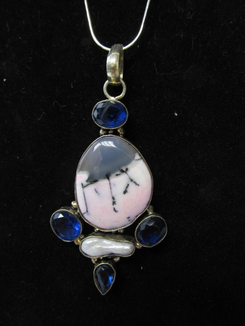 lot 177 image: Sterling Silver wSapphire Colored Stones & Pearl Pendant Necklace