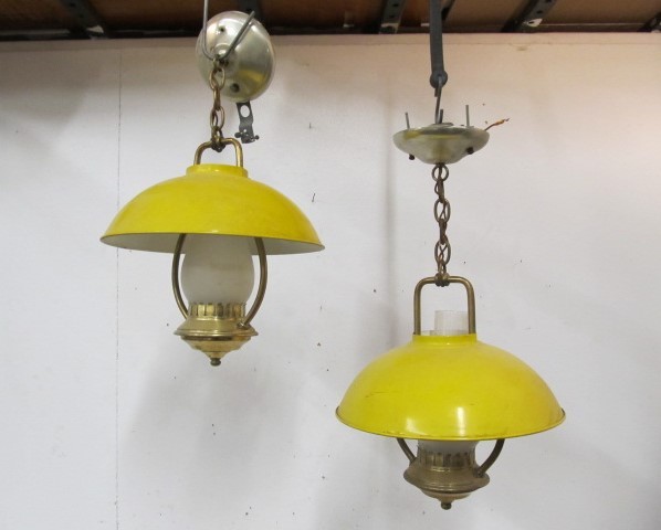 lot 86 image: Pair of Mid Century Yellow Metal Hanging Lamps