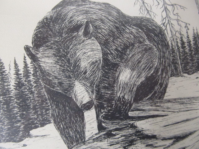 lot 214 image: Original Vintage Bear in the Wild Drawing Signed