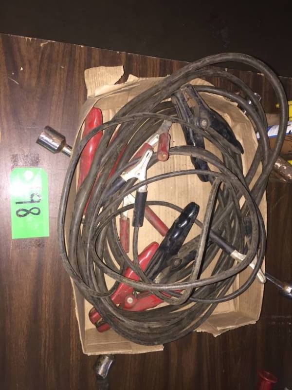 lot 198 image: 1-tire wrench, 2-hydraulic jacks, 2-sets battery jumper cables