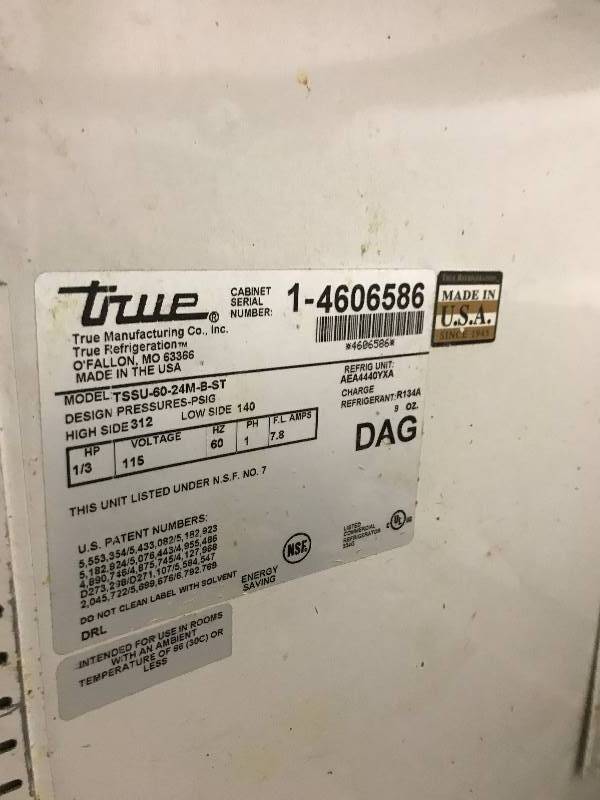 &nbspTrue, Mod #Q4-60-24M-B, salad top refrigerated prep table, on caster NSF, 115 volts, 7.8 amps, 60x34x36H, Runs Does Not Cool