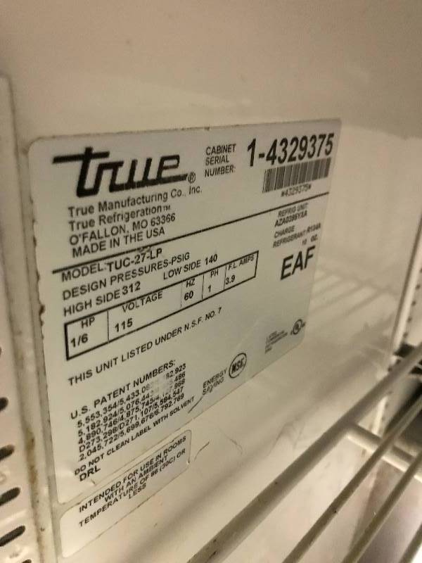 True, Mod #TUC-27LP, worktop single door refrigerator, NSF, caster mounted, 115 volts, 4.6 amps, 27.5x30x35H w4 back splash-9a (2) Runs Does Not Cool