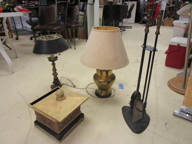 LAMPS, FIREPLACE UTENSILS, STORAGE CONTAINER