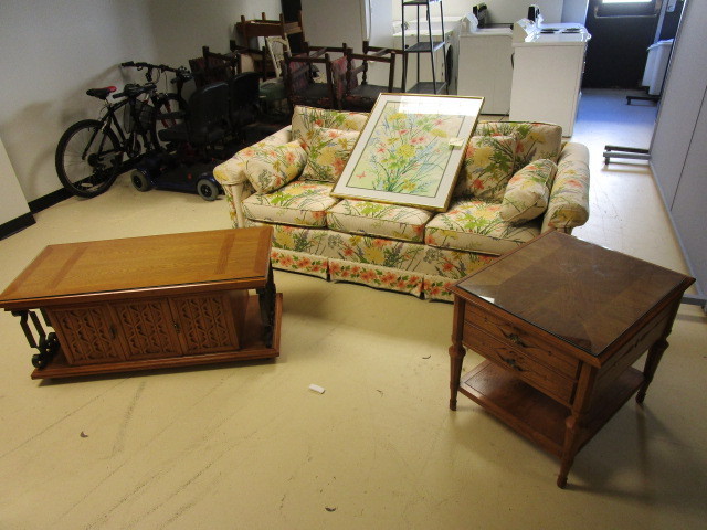 CUSTOM SOFA  MATCHING PAINTING, COFFEE TABLE, END TABLE