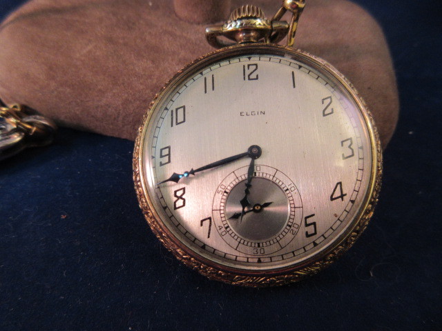 lot 847 image: VINTAGE ELGIN POCKET WATCH  14K YELLOW GOLD 16 14GR CHAIN & RGP POCKET KNIFE