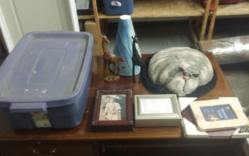 Fat Cat Sculpture (Signed & Numbered Marked $650.00), Wooden Giraffes, Music Box & Misc. Frames In Tote.