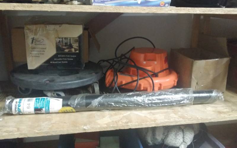 2-Boxes Of Display Hardware, Blower, Roll Of Screen, Large Size Rolling Trash Can Base