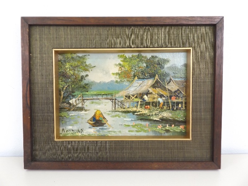 lot 2 image: Vintage Framed Oil on Board Painting by Listed Artist Nogsuan