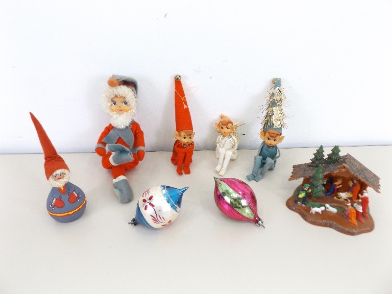 lot 15 image: Vintage NAPCO Knee Grabber Elves, Glass Ornaments, etc.
