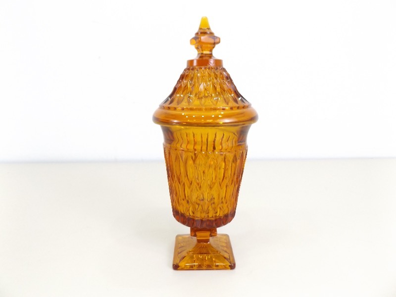 lot 45 image: Vintage Fenton Amber Pedestal Covered Compote
