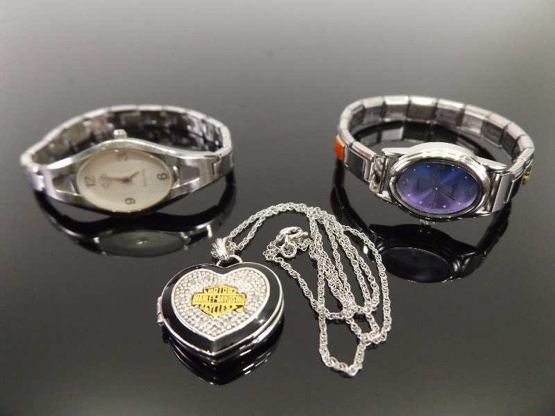 lot 64 image: .925 Sterling Harley Davidson Pendant, and 2 Harley Davidson Watches