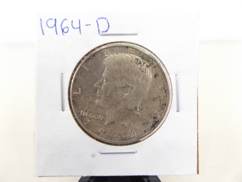 lot 67 image: 90% Silver 1964-D Kennedy Half Dollar, and 1954-P Washington Quarter