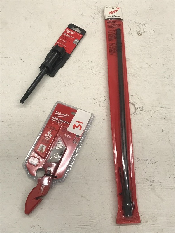 lot 31 image: (2) Milwaukee Hex-Extensions & (1) Milwaukee Flip-Knife