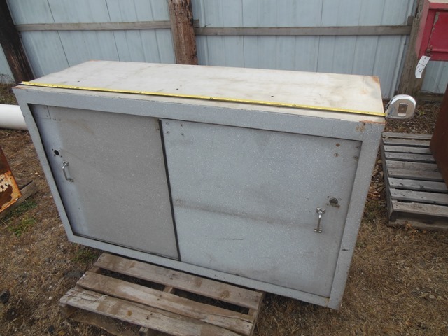 lot 44 image: Gray Shelving  Box with Sliding Doors and Open Back