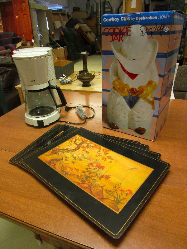 lot 434 image: COFFEE MACHINE, HAND-PAINTED COWBOY COOKIE JAR, ORNATE PLACEMATS