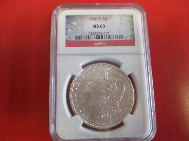 lot 8 image: NGC Certified (Stars and Stripes Limited Edition Logo) 1902-O (New Orleans Mint) Morgan Silver Dollar  4258347-171 certification number.