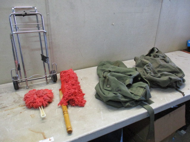 lot 90 image: Military Bags, car duster, cart