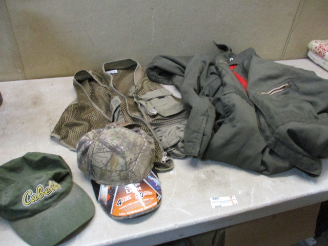 lot 94 image: Insulated bibs, Fishing vest, 2 hats.