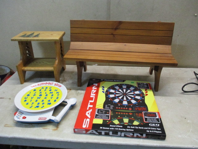 lot 114 image: Mini benches, Playskool toy, new dart board