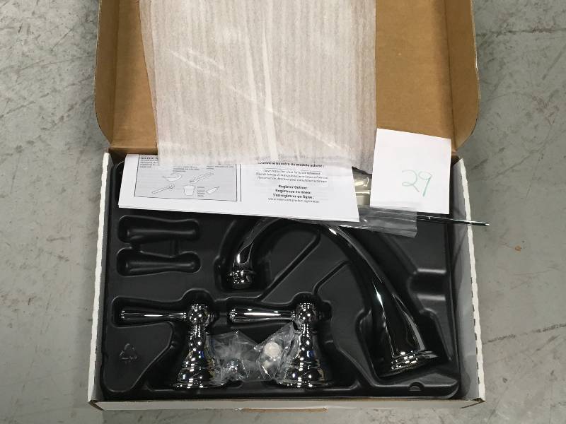 lot 29 image: MOEN Kingsley 8 in. Widespread 2-Handle High-Arc Bathroom Faucet Trim Kit in Chrome (Valve Not Included) not used