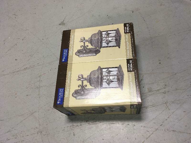 lot 39 image: LOT OF 2 Progress Lighting Tiffany 1-Light Golden Baroque Outdoor Wall Lantern P5994-50
