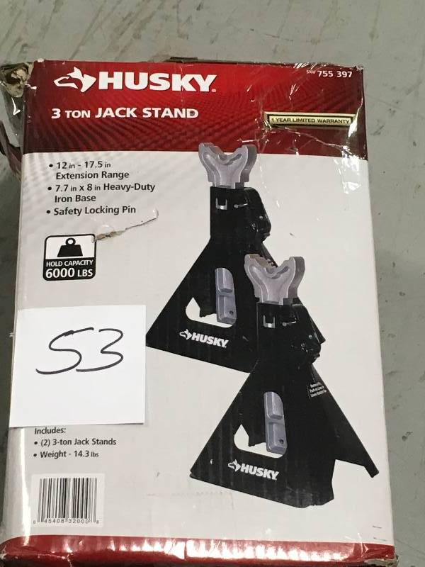 lot 53 image: Husky 3 Ton Jack Stand Pair Lift Tools Floor Heavy Duty  in good working condition